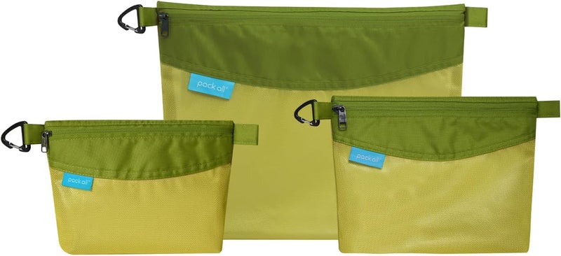 pack all 3 Pcs Water-resistant Material Zipper Pouch Set, Mesh Zipper Bags for Storage, Travel, Office (Green) - Image 1